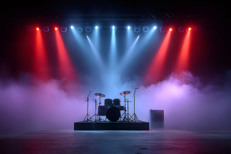 Drum set is ready on stage under blue and red lights and smoke, waiting for the drummer to start the concertの素材