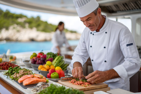 Professional chef skillfully preparing a fresh meal on a luxury yacht, surrounded by a variety of colorful ingredients and a breathtaking ocean viewの素材