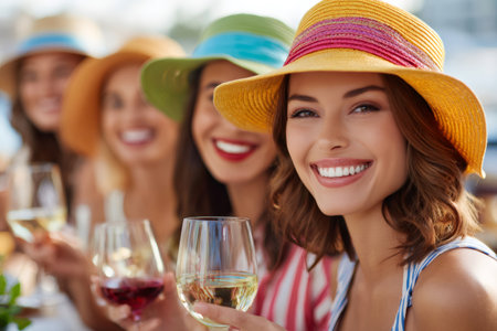 Happy women friends drinking wine, wearing summer hats and smilingの素材