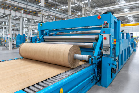 Automated machine processing wood veneer sheets at woodworking factory, industrial production of plywood or laminateの素材