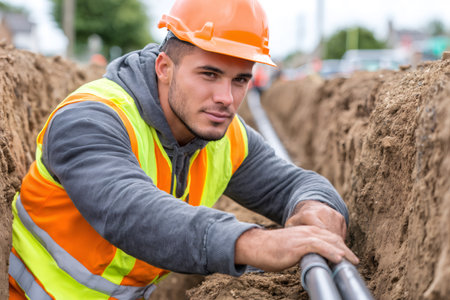 Construction worker installing pipes in a trench on a construction siteの素材