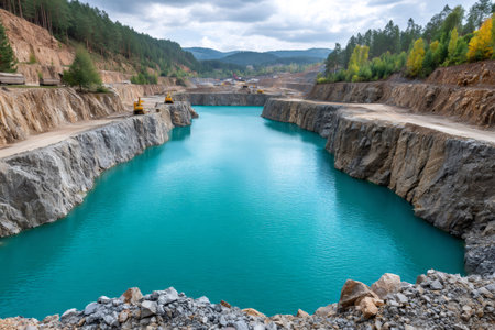 Turquoise water fills an abandoned quarry in a forest landscape, with excavators working in the backgroundの素材