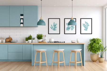 Light blue modern kitchen with island, bar stools, and botanical prints, showcasing a minimalist and stylish designの素材