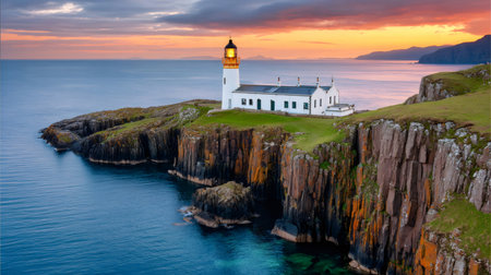Neist point lighthouse stands on a cliff overlooking the sea at sunset, creating a beautiful and dramatic sceneの素材