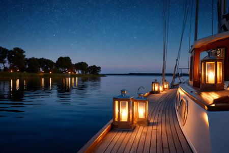 Lanterns illuminating wooden deck of sailboat at night with starry sky and distant shoreの素材