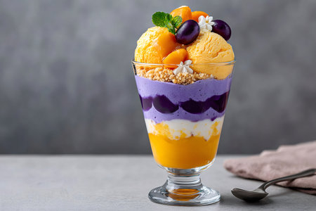 Refreshing mango and ube halaya ice cream dessert layered with various ingredients in a tall glassの素材