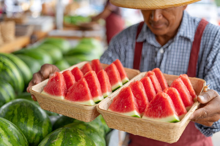 Farmer showing two wicker baskets full of refreshing watermelon slices at a farmers marketの素材