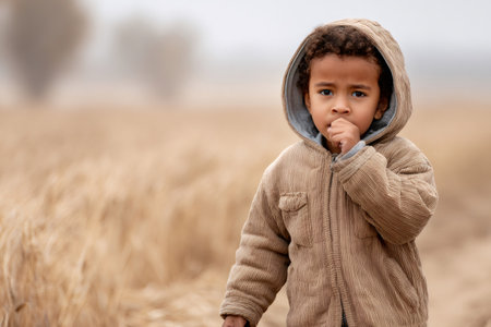 Pensive child sucking thumb while standing in a dry wheat field, expressing childhood innocence and vulnerabilityの素材