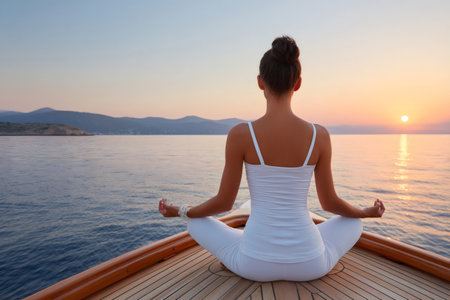 Young woman practicing yoga at sunset while relaxing on a yacht during luxury travelの素材