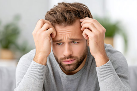 Young man feeling desperate and stressed, holding his head with hands, suffering from severe headache, migraine or depressionの素材