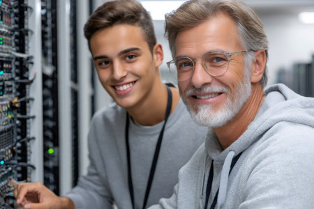 Two smiling IT engineers maintaining server hardware in a data centerの素材