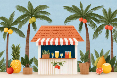 Colorful illustration of a beach bar serving beverages and surrounded by tropical fruits and palm trees, creating a vibrant summer sceneの素材
