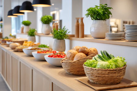 Buffet table offering a variety of healthy and delicious food options, including fresh vegetables, bread, and other dishesの素材