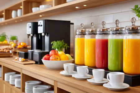Colorful juices, fresh fruits, hot coffee and bread are available at the breakfast buffet in a hotel or restaurantの素材