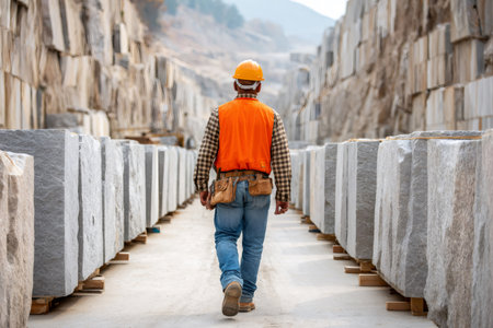 Quarry worker walking away between rows of granite blocks in a storage area of an open pit mineの素材