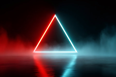 Red and blue neon triangle glowing on dark smoky background with wet asphalt reflectionの素材