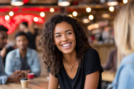 Young woman enjoying a conversation with friends in a trendy coffee shop, laughing and having a good timeの素材