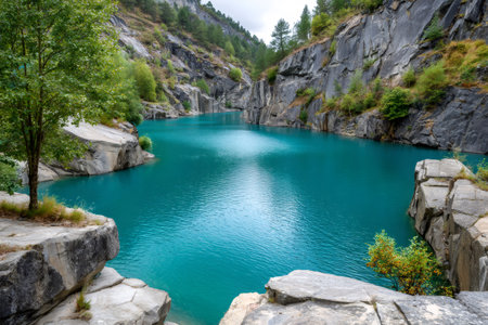 Tranquil turquoise lake reflecting a cloudy sky, nestled within a dramatic marble quarry surrounded by rocky cliffs and lush vegetationの素材