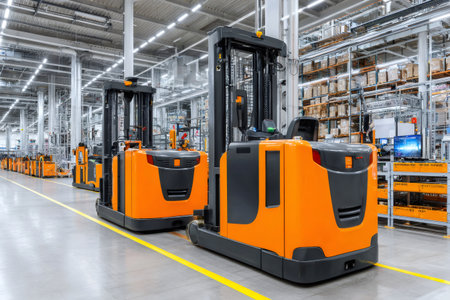 Modern warehouse utilizing automated forklifts, enhancing efficiency and streamlining operations in logistics and distributionの素材