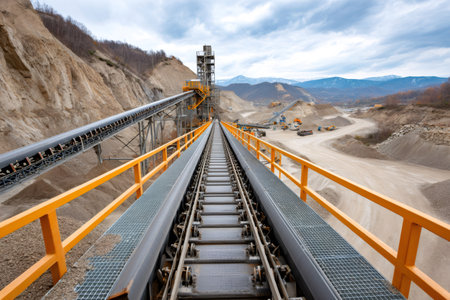 Conveyor belt transporting gravel in open pit surface mine quarry with mountains in backgroundの素材