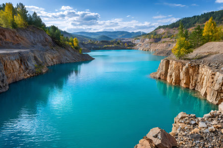Turquoise lake formed in abandoned open pit mine reflecting autumn colors on sunny dayの素材