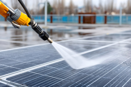 Water jet cleaning photovoltaic panels on a solar farm, ensuring maximum efficiency and renewable energy generationの素材
