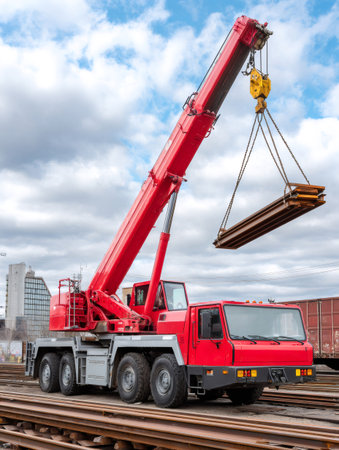 Red mobile crane lifting metal beams at a construction site, showcasing industrial power and efficiency against a cloudy skyの素材