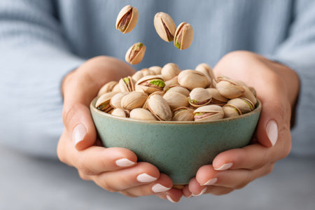 Woman holding a bowl of pistachios, some nuts falling into the bowlの素材