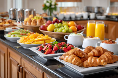 Freshly baked croissants, colorful fruit platter, and glasses of juice are beautifully arranged on a hotel breakfast buffet, offering a delightful start to the dayの素材