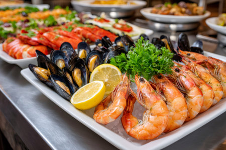 Delicious seafood buffet showcasing an assortment of shrimp, mussels, and lemon wedges, creating an enticing culinary experienceの素材