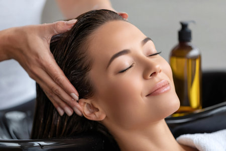 Hairdresser applying shampoo and massaging hair of young woman in beauty salonの素材