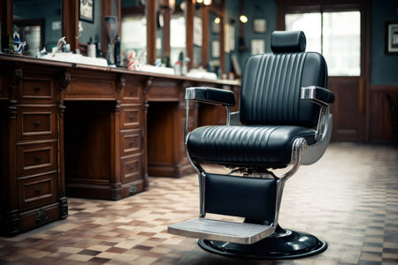 Classic barber chair sitting empty in stylish barbershop, representing the anticipation of a new customer and the timeless craft of barberingの素材