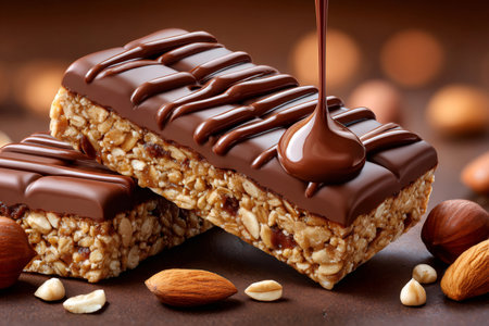 Two appetizing granola bars are covered with pouring melted chocolate, accompanied by almonds and hazelnuts, creating a tempting snackの素材