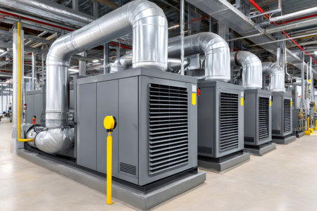 Powerful air conditioning units maintain optimal temperature in a modern factory setting, ensuring efficient operationsの素材