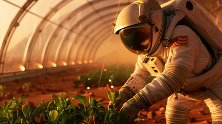 An astronaut cultivates plants inside a greenhouse on Mars, ensuring food security for future colonization effortsの素材