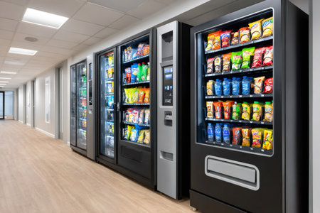 Row of vending machines offering various snacks and beverages in a modern office building hallwayの素材