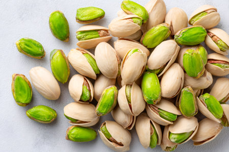 Open pistachios revealing bright green nuts on a white background, creating a visually appealing contrastの素材