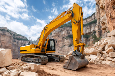 Powerful excavator extracting rocks in a quarry, showcasing industrial operations and heavy machineryの素材
