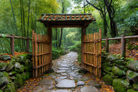 Tranquil path leading through lush bamboo forest in traditional Japanese gardenの素材