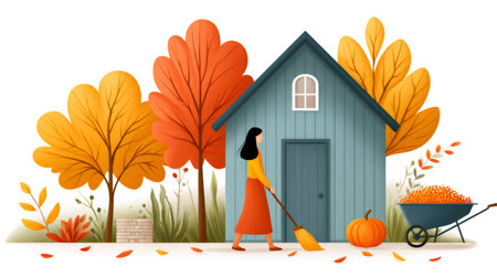 Woman sweeping fallen leaves near her country house during the autumn season, enjoying the colorful foliage and preparing for the harvestの素材