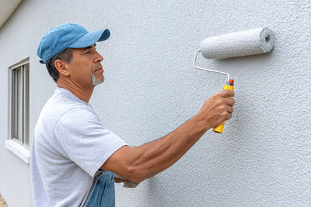 Professional house painter using a paint roller, applying a fresh coat of white paint to an exterior wallの素材