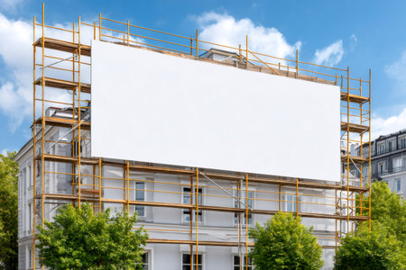 White empty billboard on a building facade during renovation works, providing advertising space against a blue skyの素材