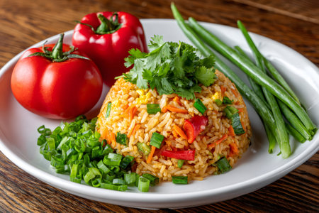 Steaming fried rice with vegetables, garnished with coriander and served with fresh tomatoes and spring onionsの素材