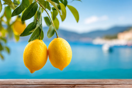 Fresh lemons hanging from a branch with a scenic ocean viewの素材