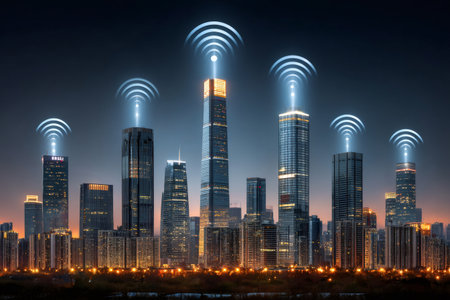 Wifi signals emanating from illuminated skyscrapers in a modern cityscape at night, symbolizing network connectivity and smart city technologyの素材