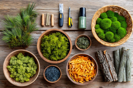 Variety of dried flowers, wood pieces, and moss arranged on a wooden table, ready for creating beautiful wall decorの素材