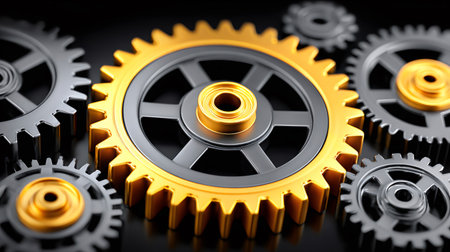 Close up of interlocking metal gears rotating, symbolizing teamwork, engineering, and precision mechanicsの素材