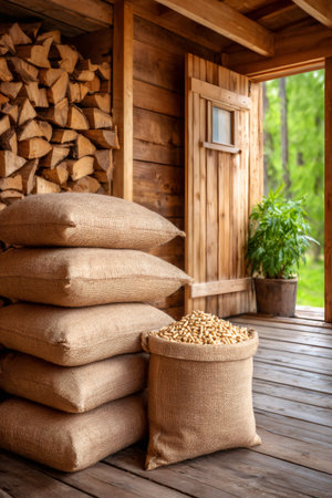 Burlap sacks filled with firewood and wood pellets offer a sustainable heating solution in a rustic wooden settingの素材