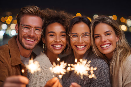 Four cheerful friends are holding sparklers, enjoying a festive celebration together at nightの素材