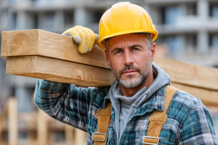 Experienced carpenter working on a building project outdoorsの素材